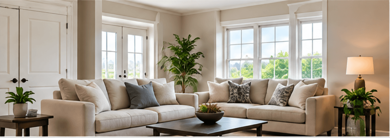 Finished living room with sofas, plants and bright windows