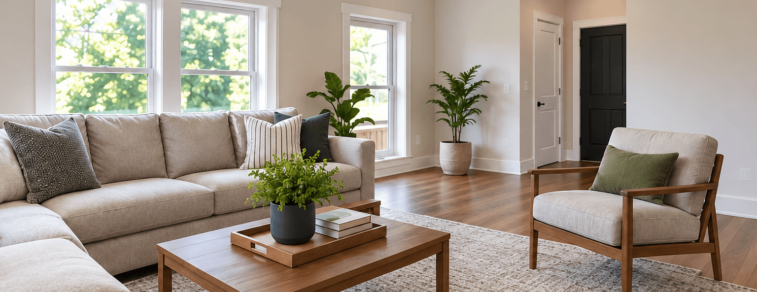 Finished living room with wood floors, a sofa and large windows