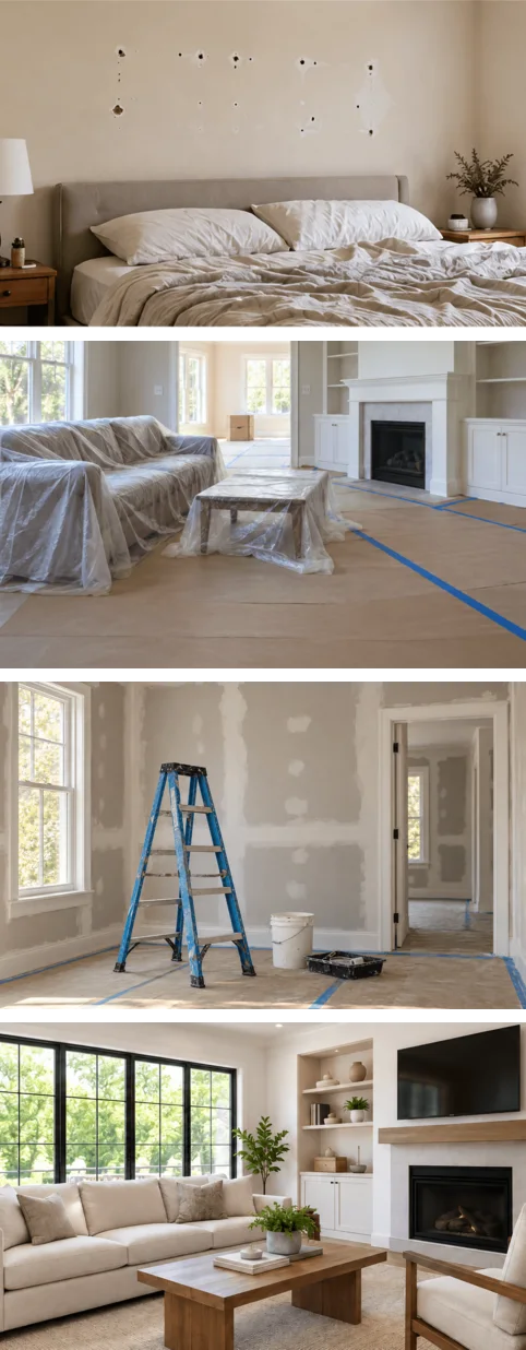 Four project photos, top to bottom: a bedroom wall with holes before repair, a room with its floor and furniture covered for work, new drywall with a stepladder partway through, and a finished living room