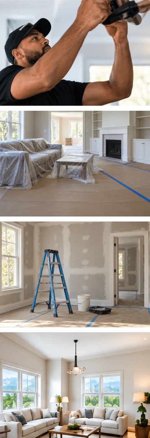 Four project photos, top to bottom: a technician at work, a living room covered for work, new drywall partway through, and a finished living room